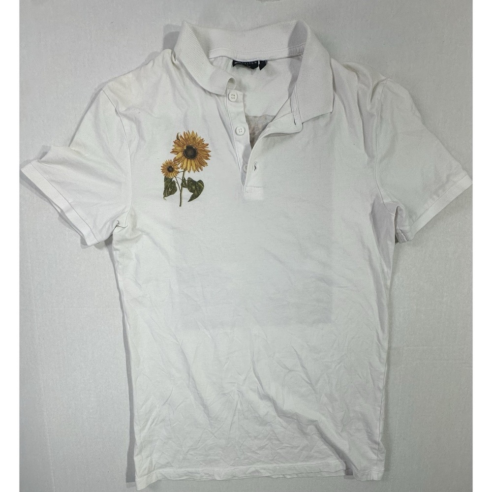 ASOS Design White Polo Shirt M Sunflower Art Print Floral Collage Graphic Tee